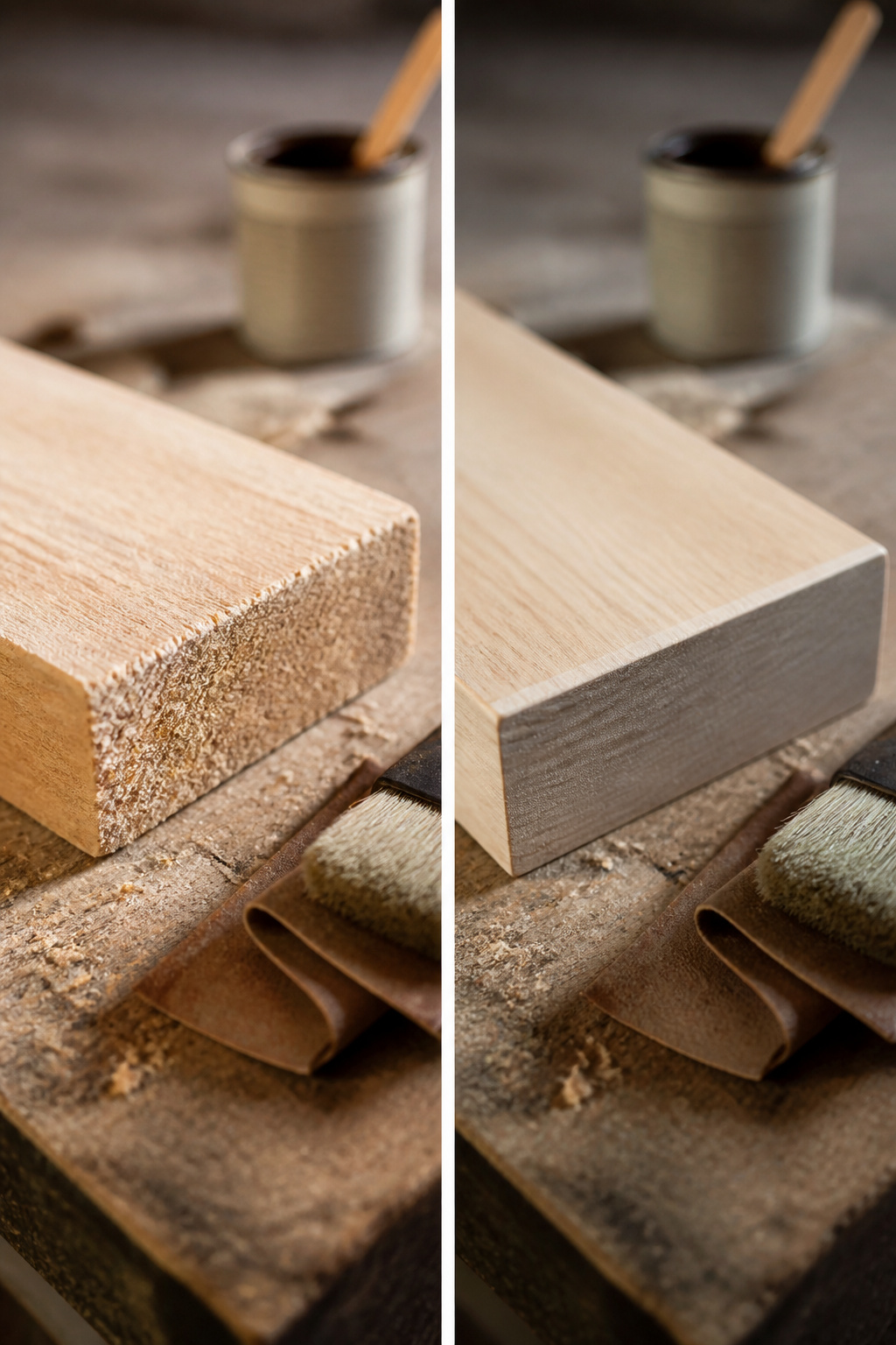 Sanding equipment and wood pieces prepared for finishing.