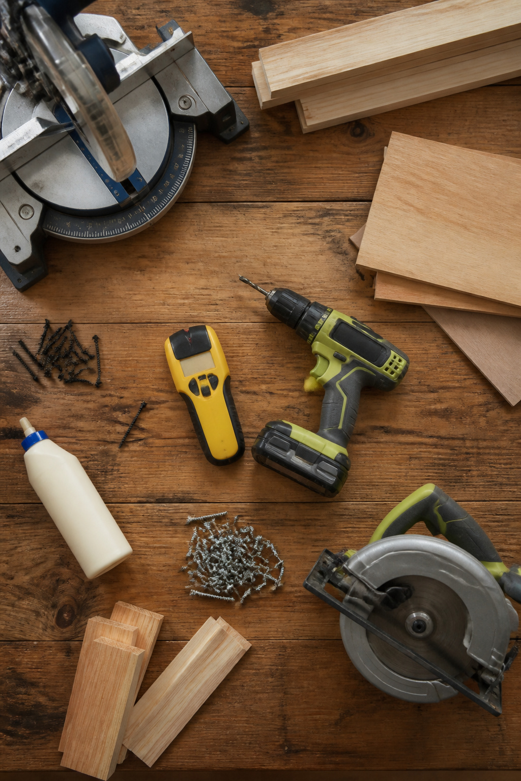 A drill and stud finder on a workbench among other tools.