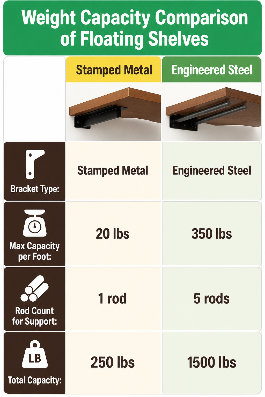 A chart comparing weight capacities of floating shelves.