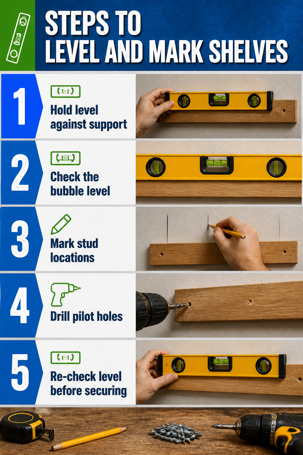 A level placed on a support piece for shelf installation.