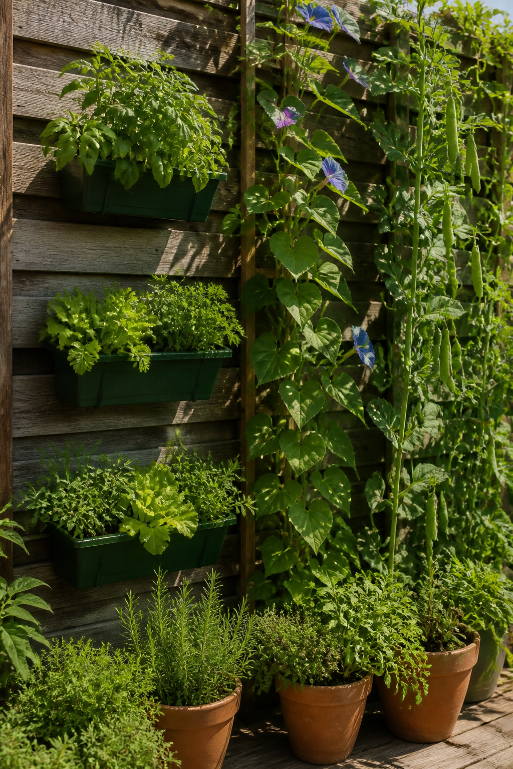 Vertical garden with planters and trellises for growing plants on a wall.