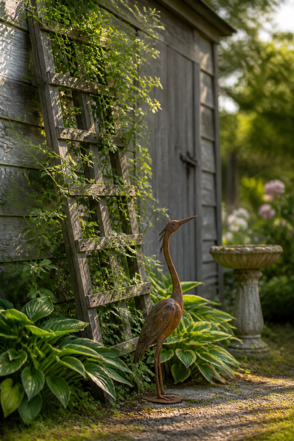 Cedar trellis against a wall with climbing plants growing on it.