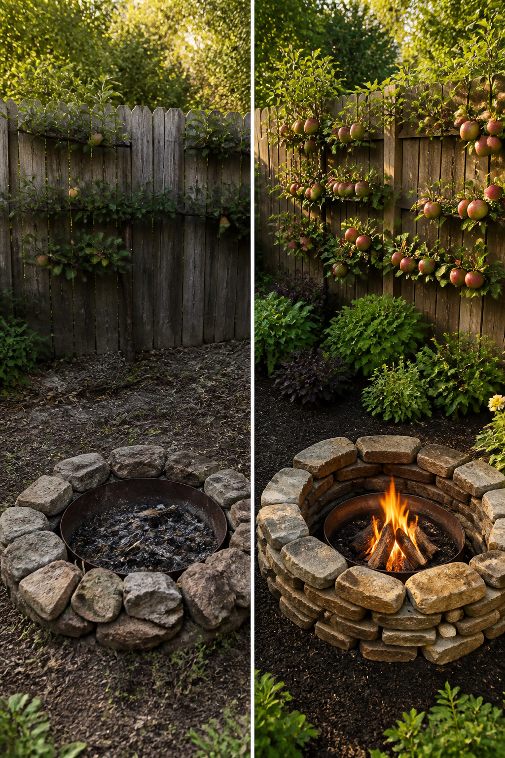 Apple trees trained against a wall, demonstrating efficient use of garden space.