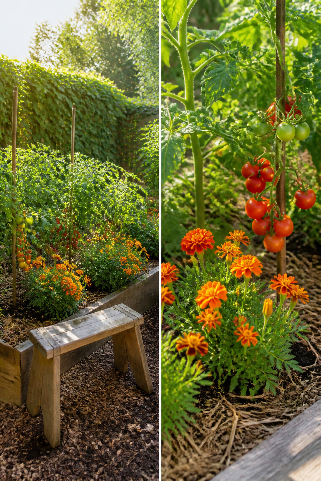 Colorful garden with a mix of edible plants and ornamental flowers.