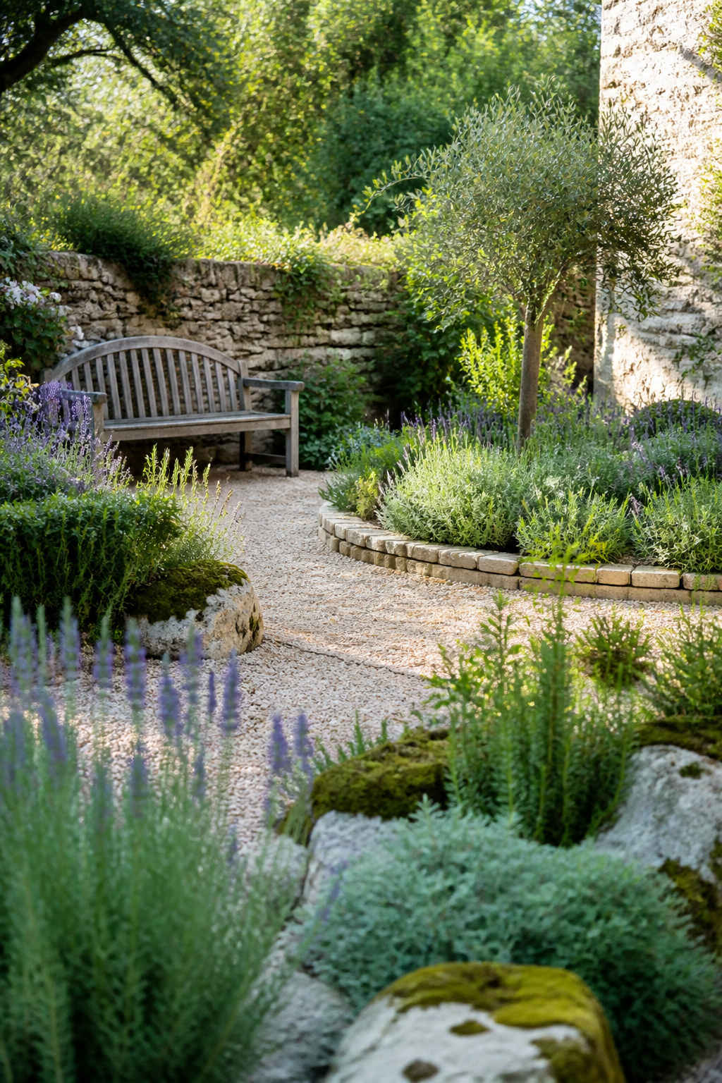 Zen garden with raked gravel, mossy stones, and evergreen plants.