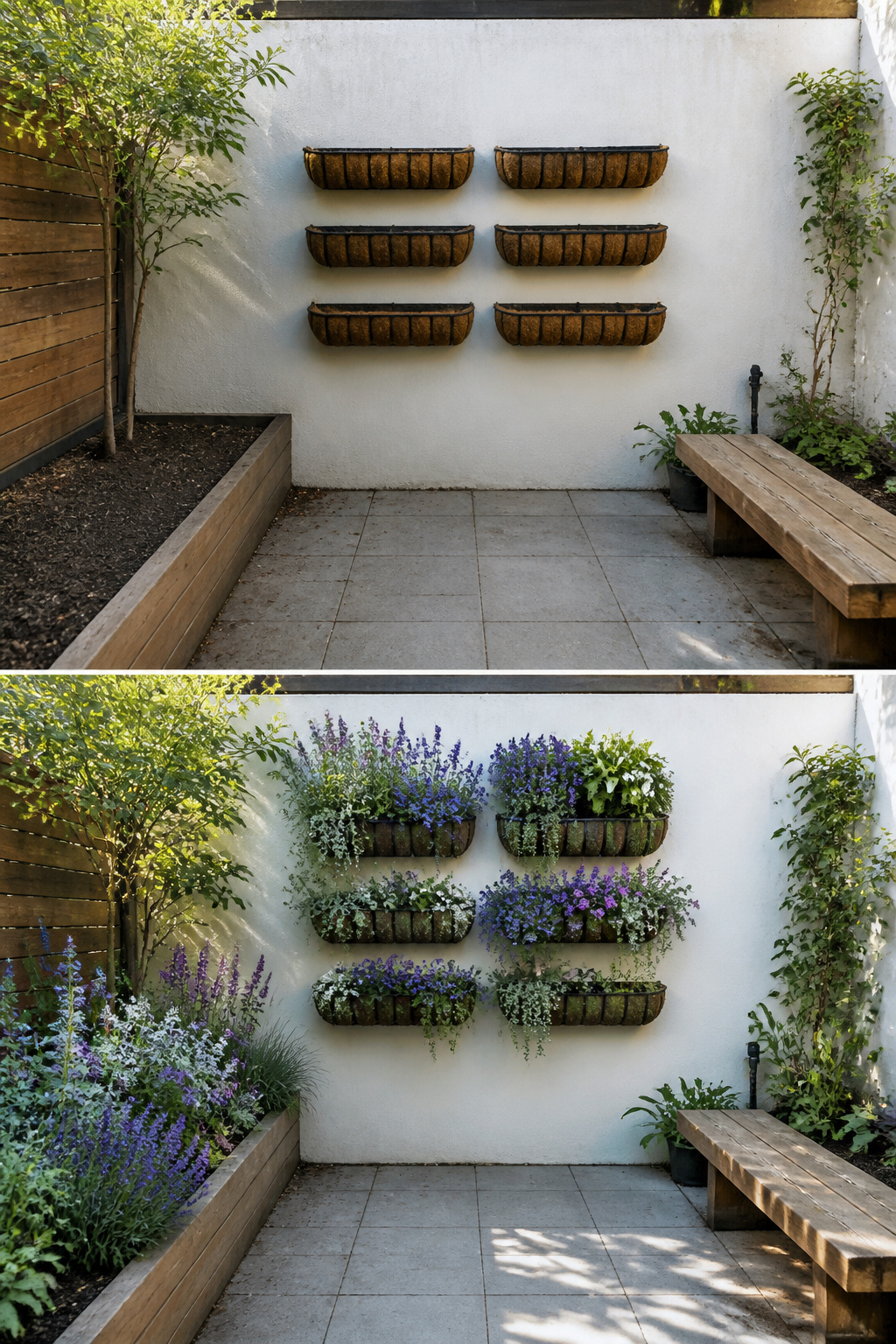 Small garden with vertical planters and raised beds for efficient use of space.
