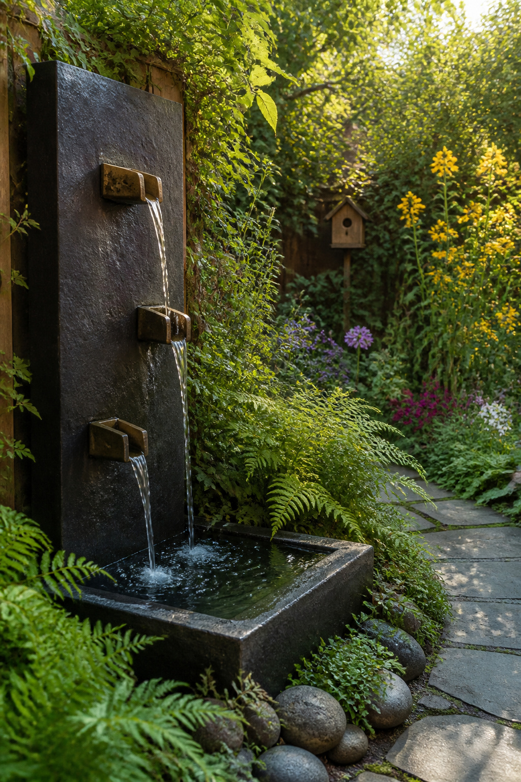 Wall fountain in a garden, with ferns and flowering plants around it.