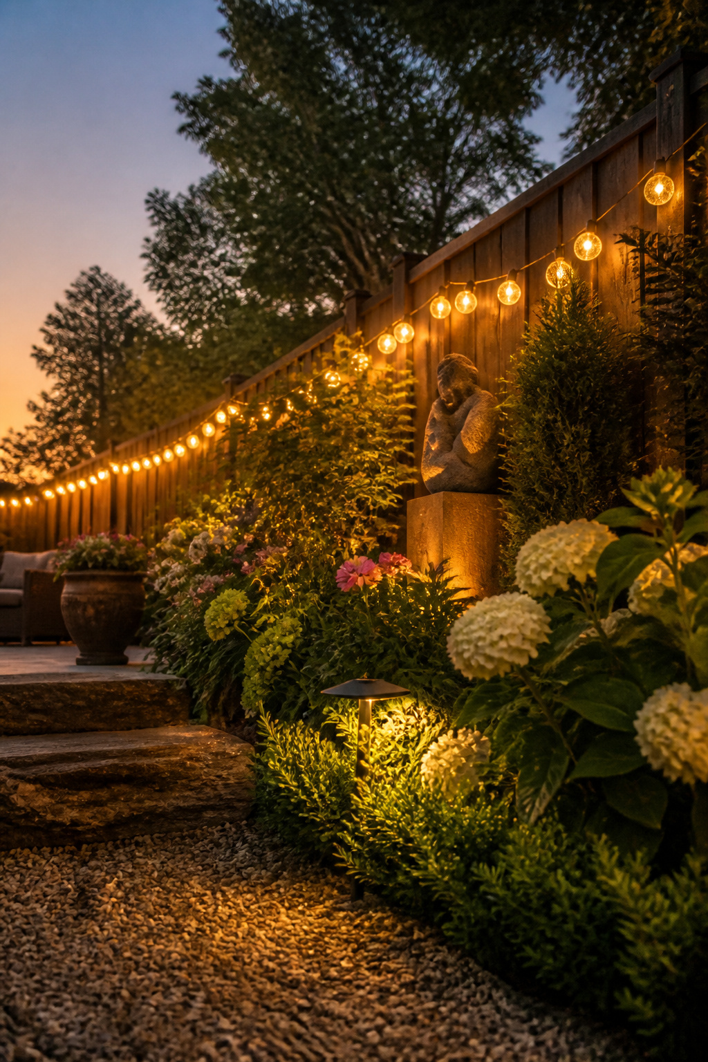 Backyard with string lights along a fence, providing warm ambient lighting.