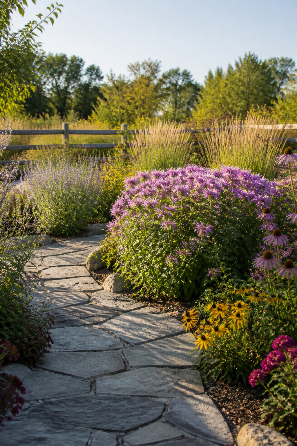 Garden with native plants, including wild bergamot, flourishing without extra care.