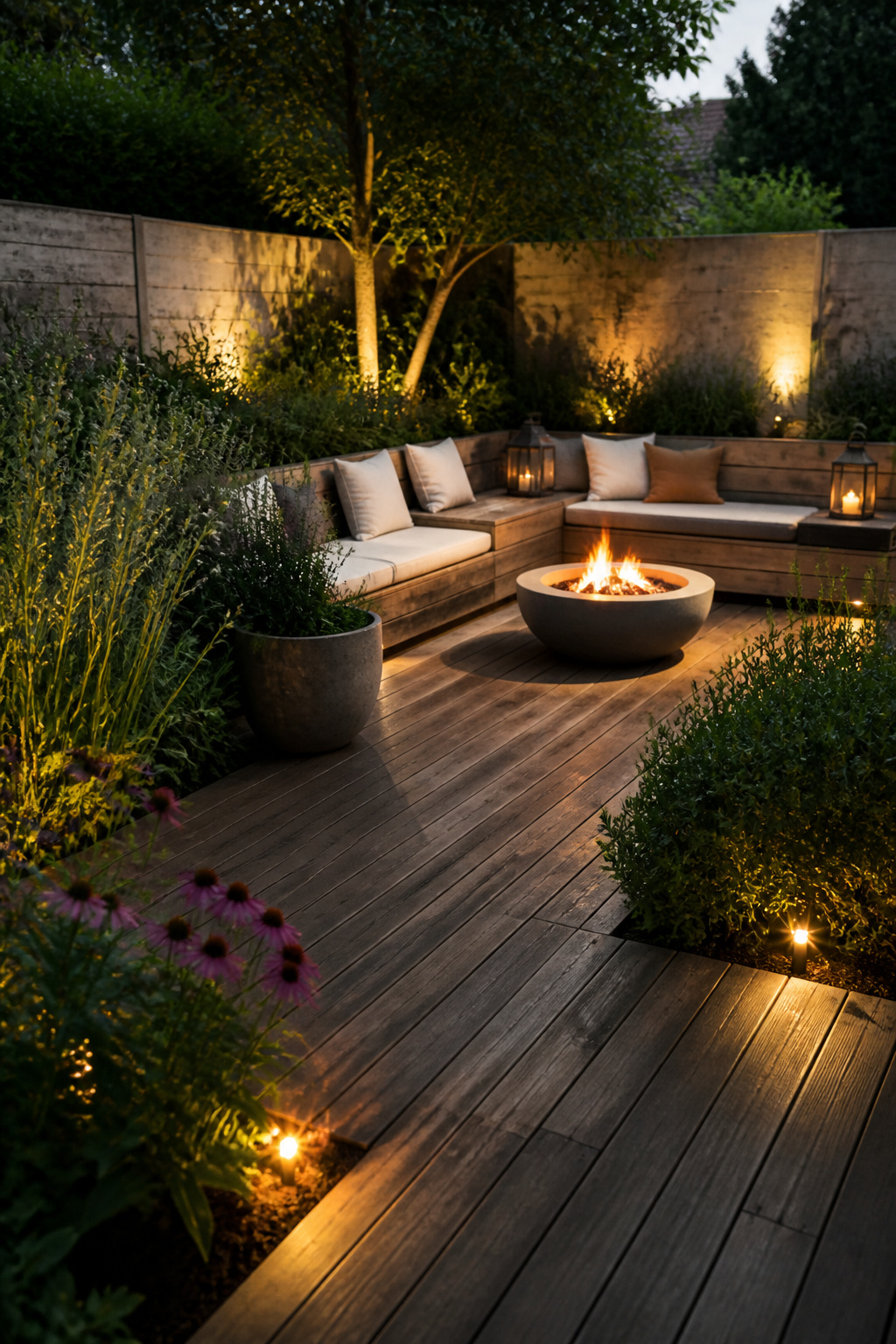 Outdoor deck with built-in seating, fire pit, and surrounding flowering plants.