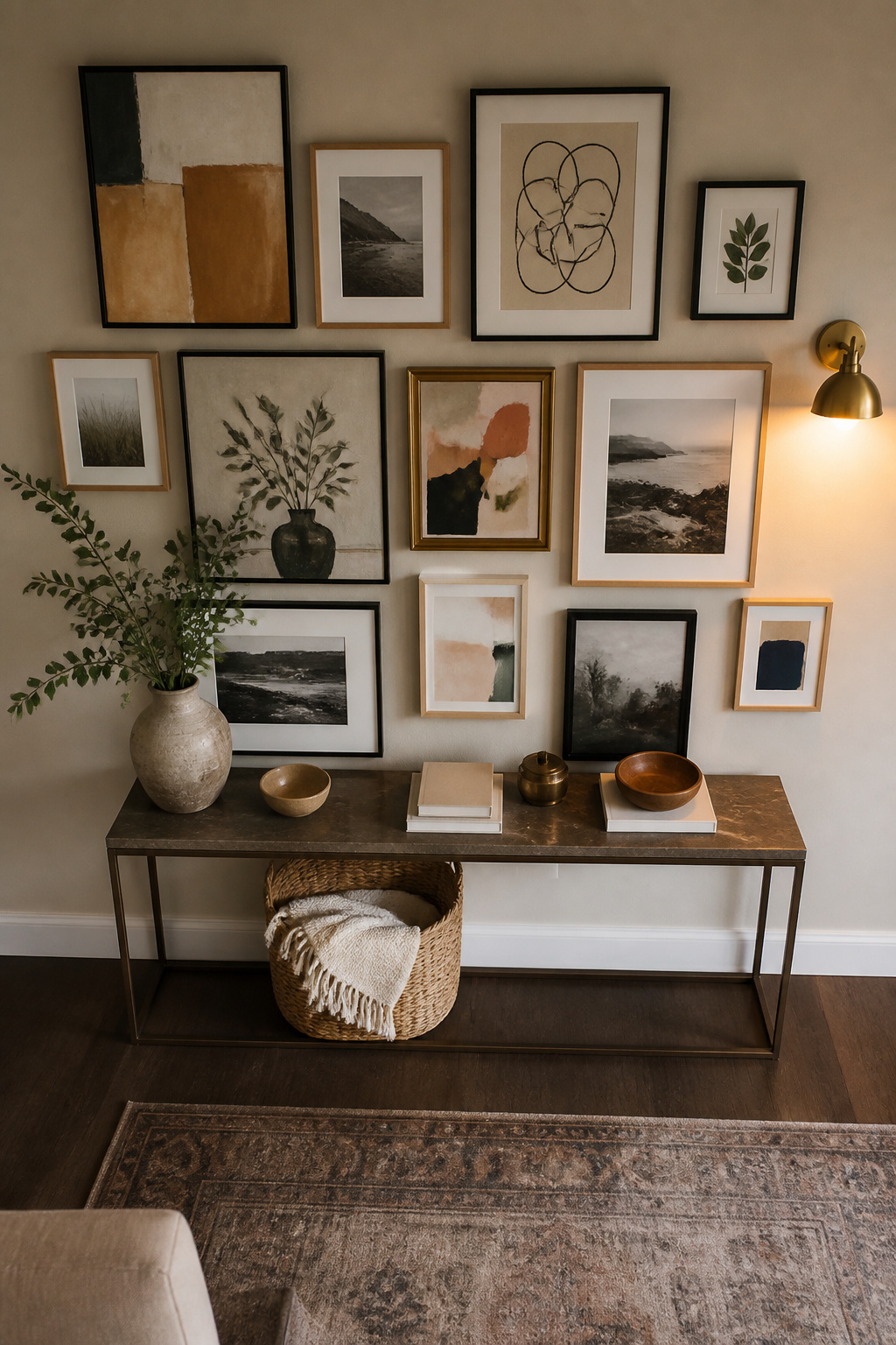 A wall displaying a collection of framed artwork with organized spacing.