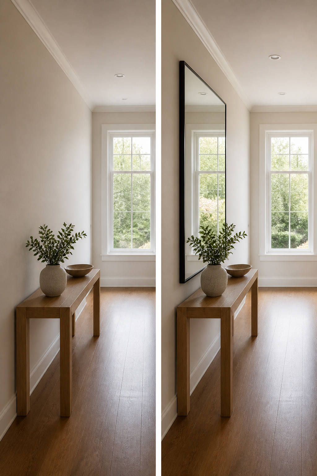 A rectangular mirror mounted across from a window in a hallway.