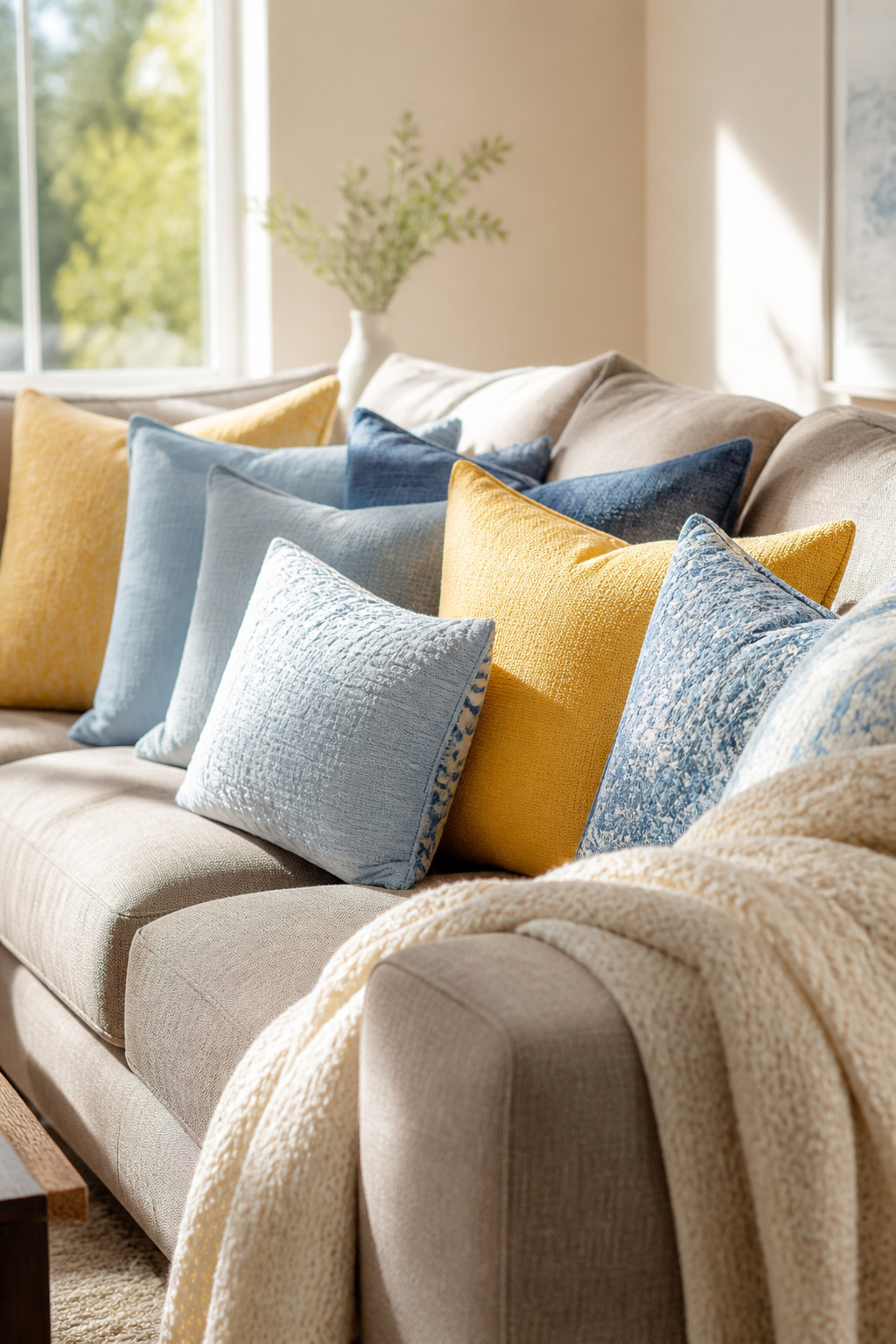 A sofa adorned with new throw pillow covers in soft linen.
