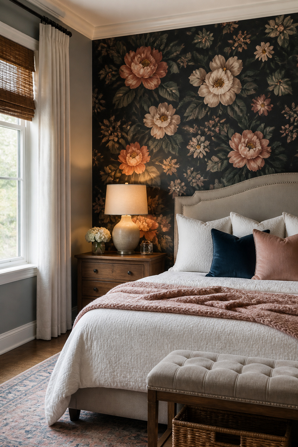 A bedroom featuring a floral-patterned accent wall.
