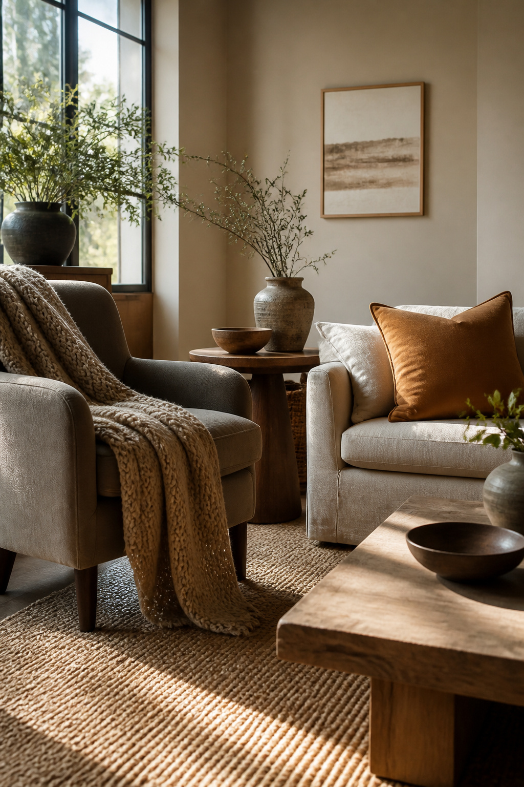 A cozy living room with various textured fabrics in use.