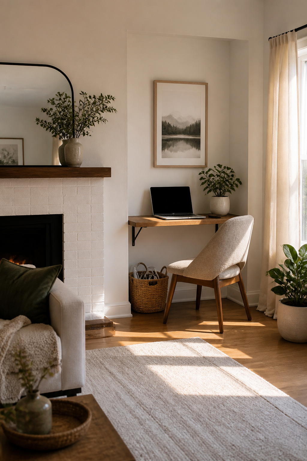 A small corner with a wall-mounted shelf and charging station.