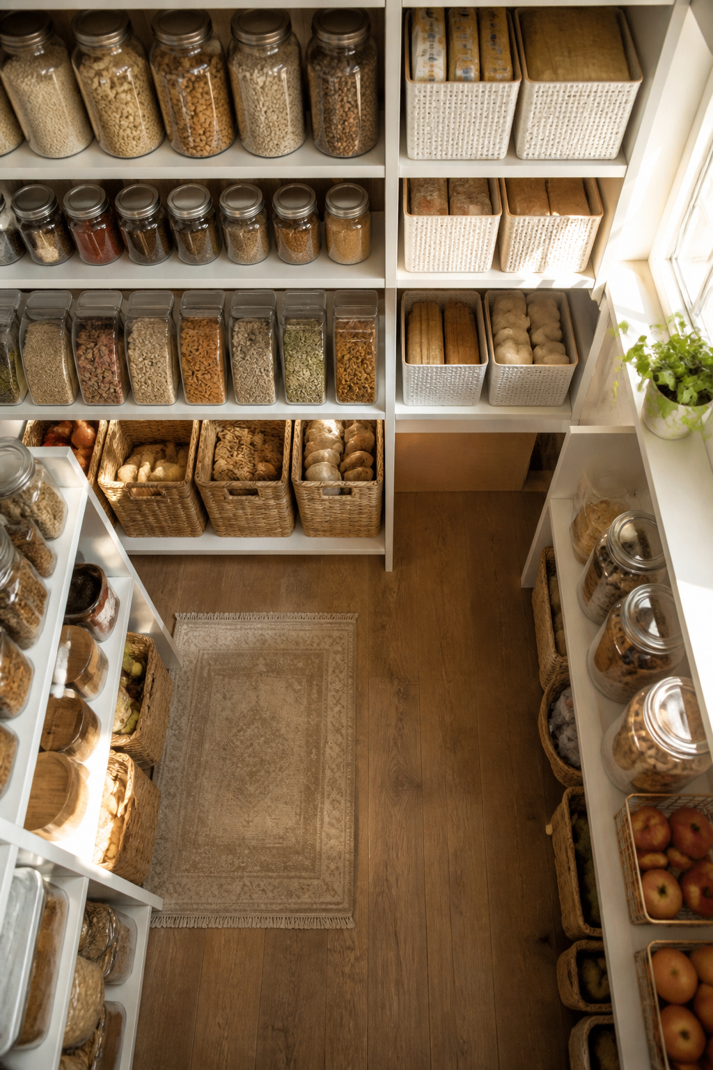 Matching baskets and jars arranged neatly on open shelves.
