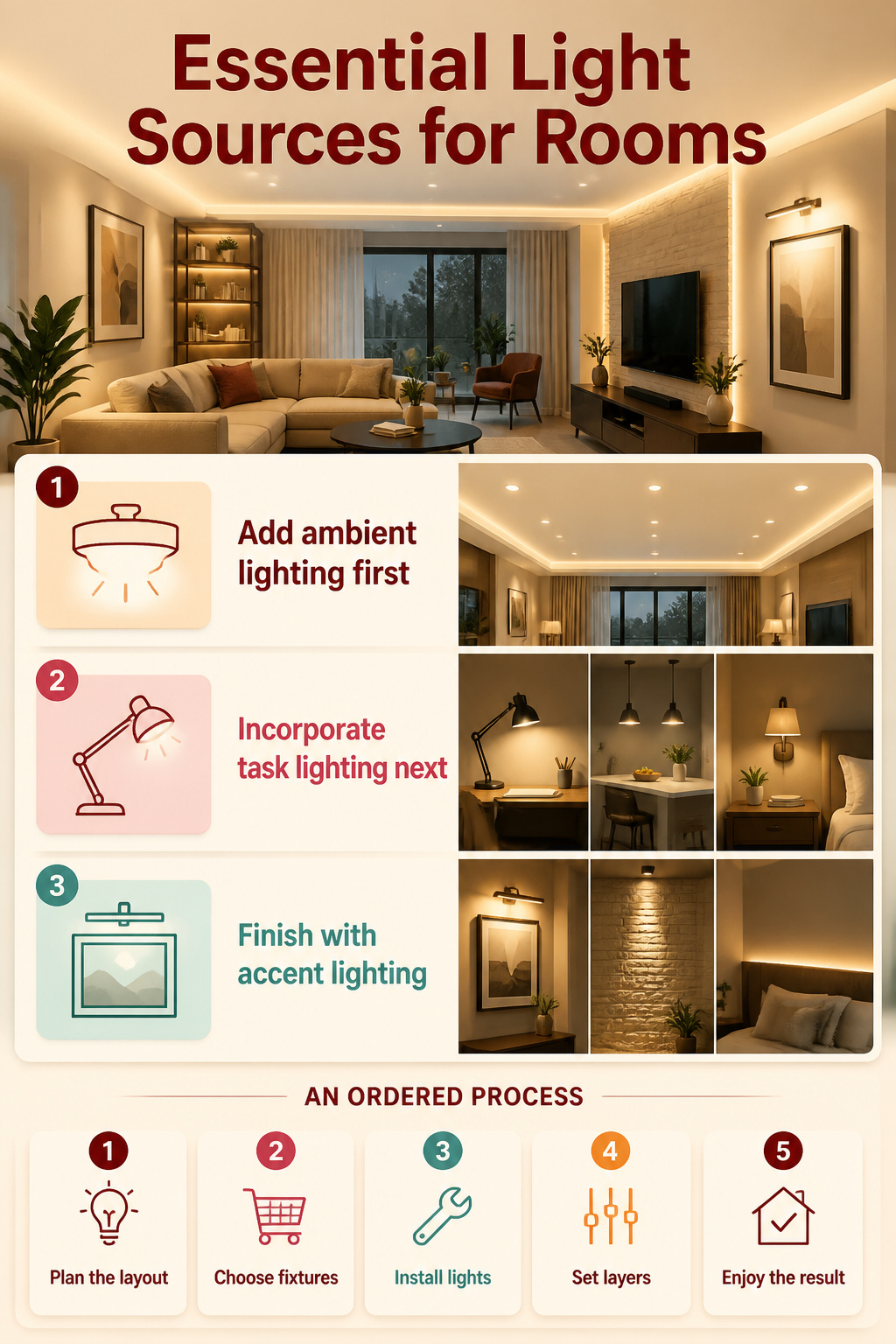 An infographic showing different types of lighting for rooms.