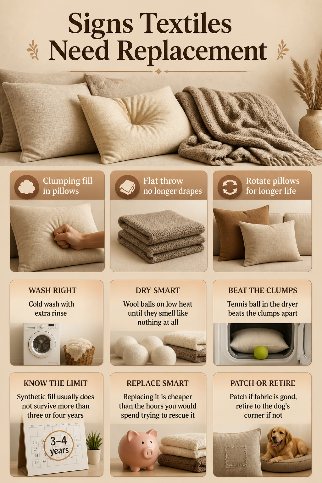 A close-up of worn pillows and throws showing signs of use.
