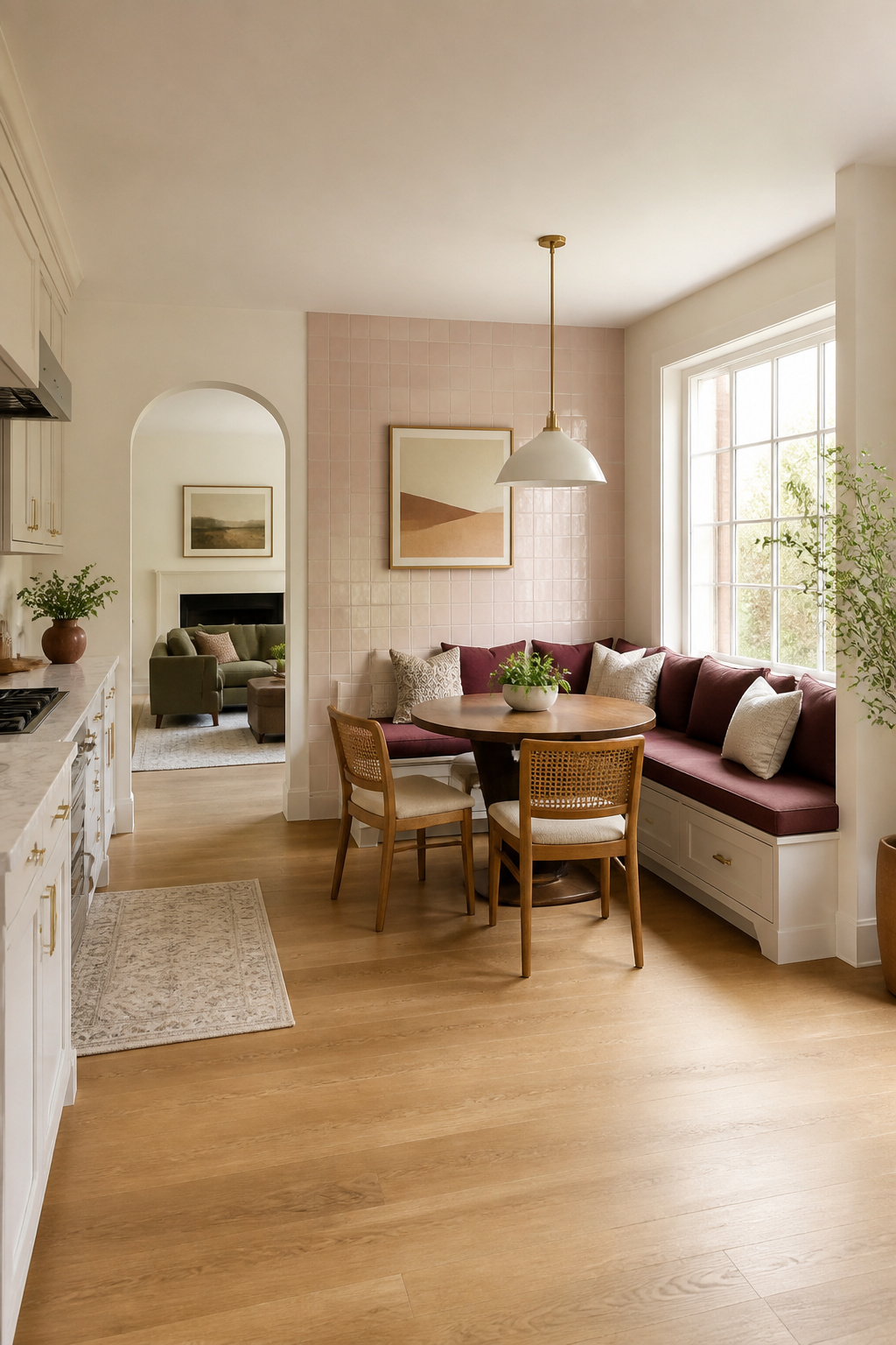 A dining area with a built-in banquette and a table.