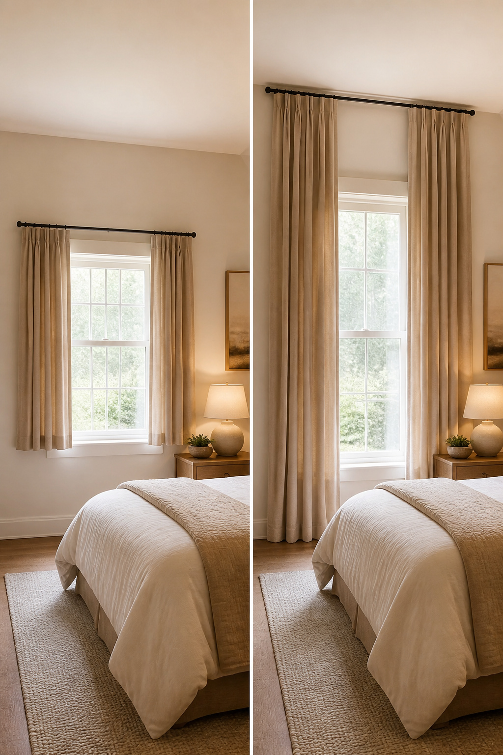 A room with curtains mounted above the window frame.