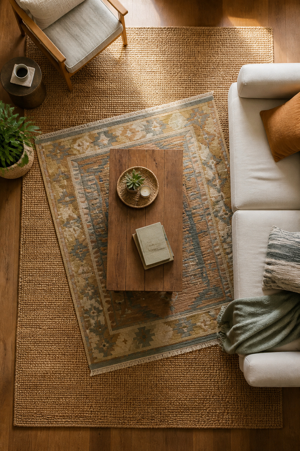A living room featuring a large rug with a smaller patterned rug on top.