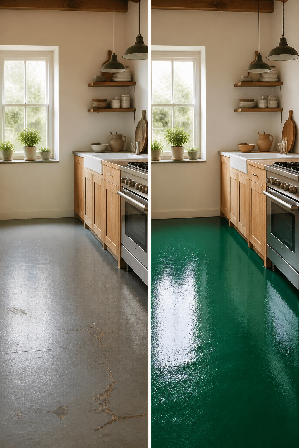 A room with a painted floor that covers wear and tear.