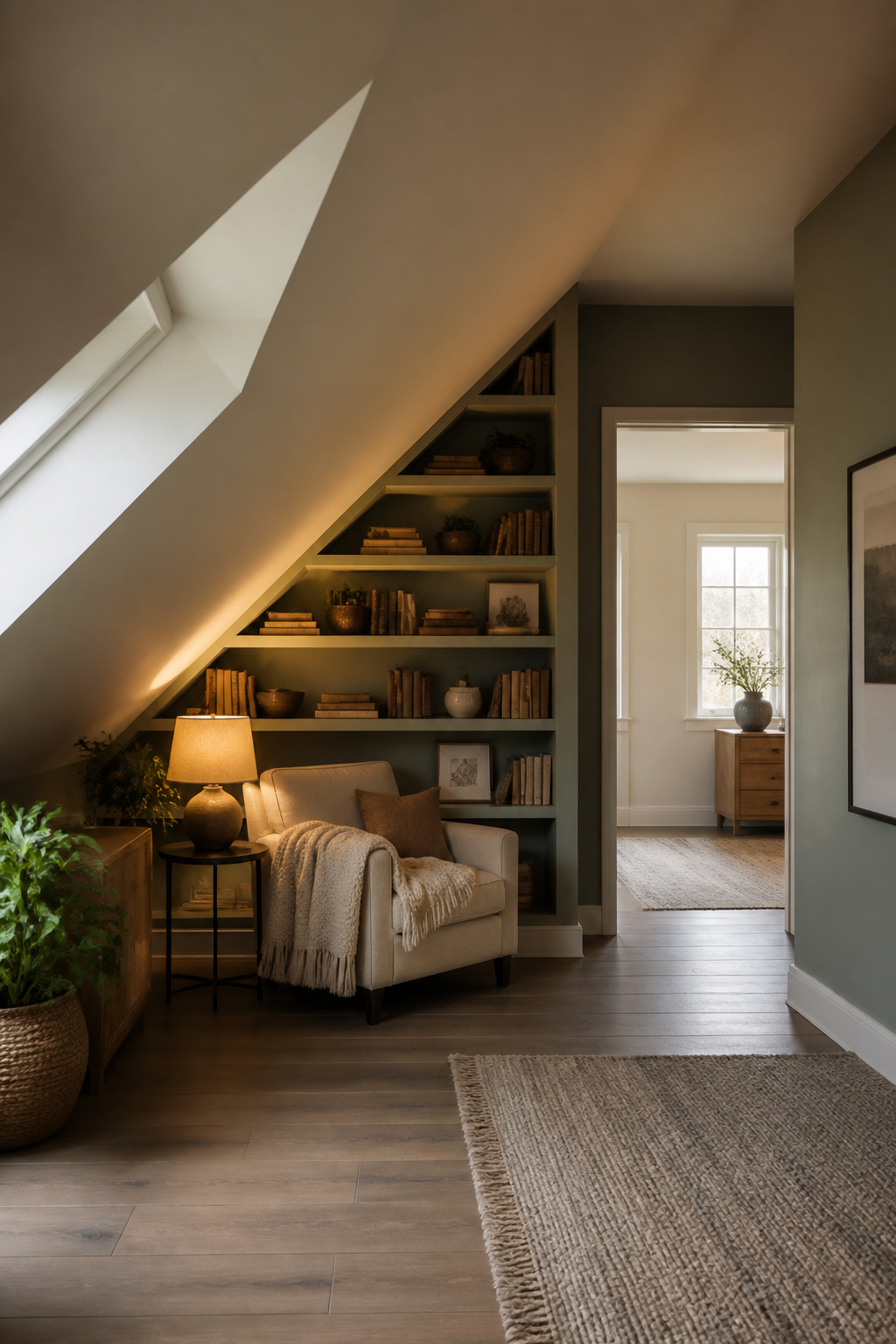 A room with built-in shelves along a low, slanted ceiling.