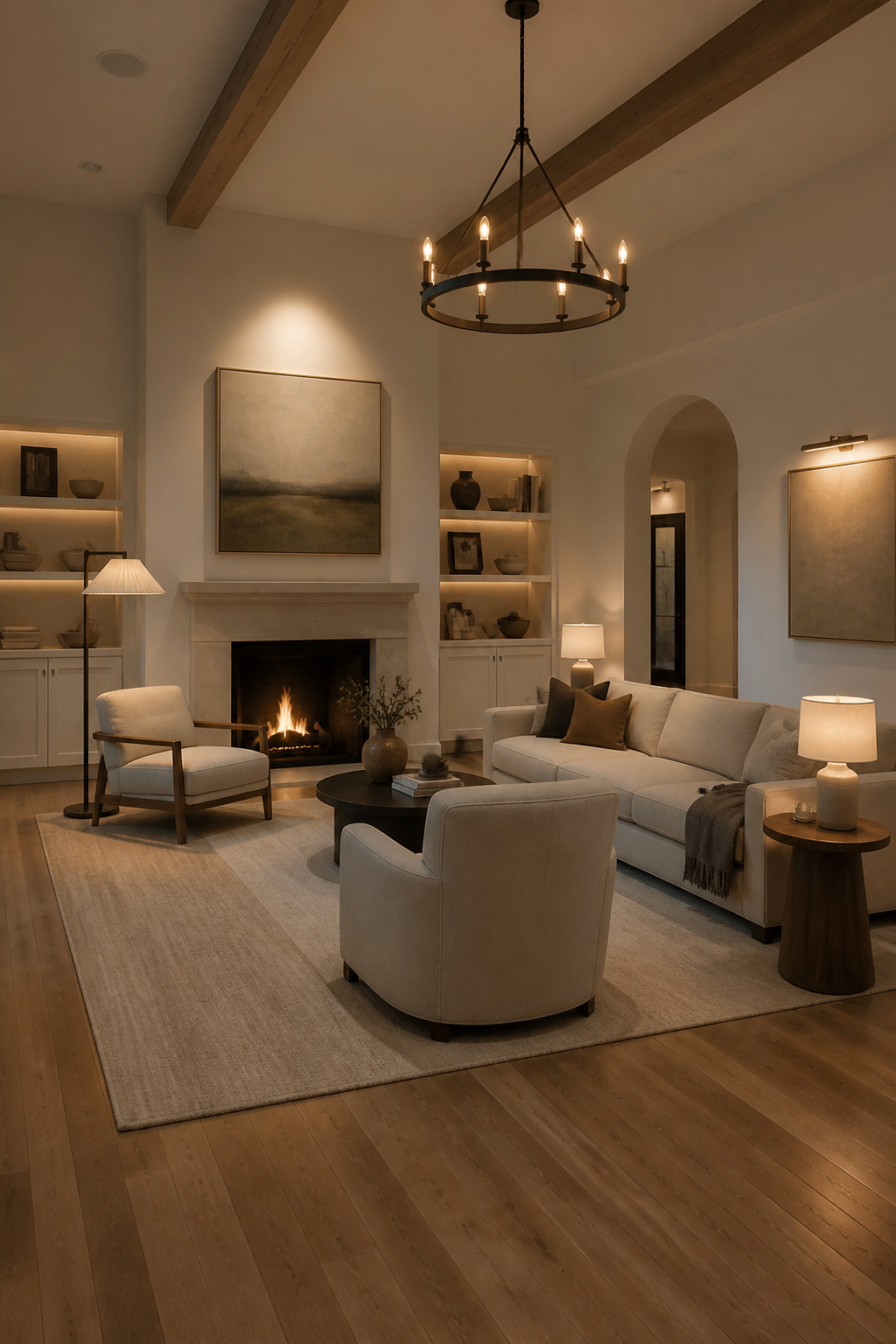 A room with multiple light sources creating a warm atmosphere.