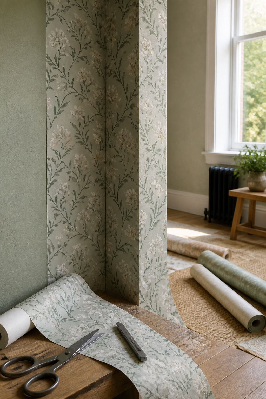 Wallpaper being applied around a corner with precision.