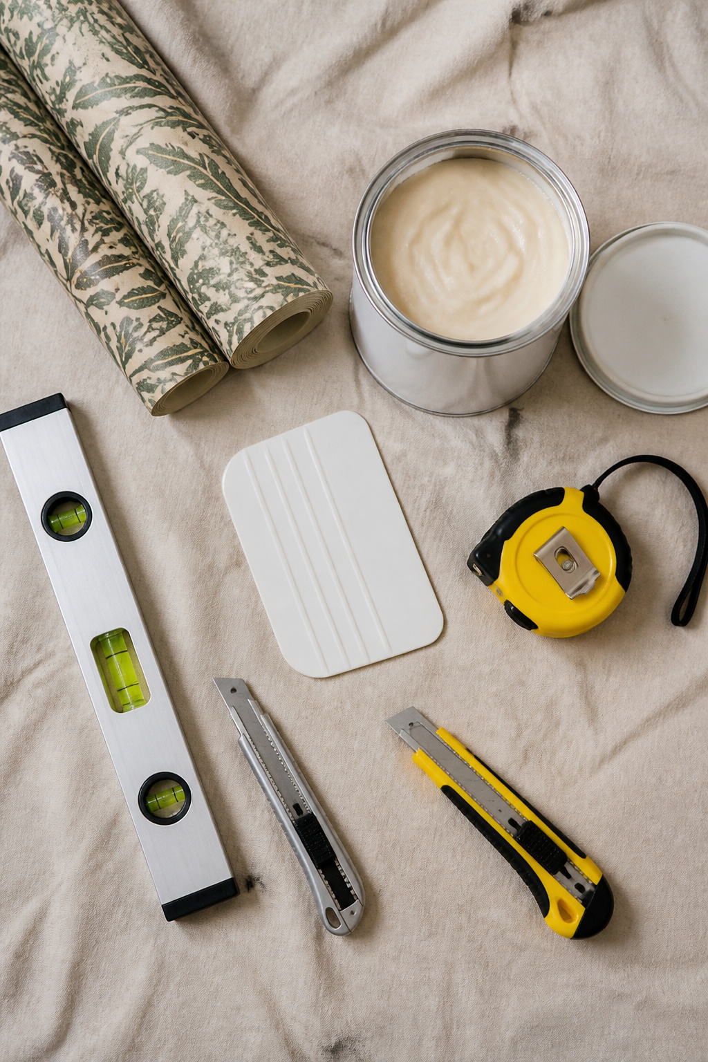 Tools and materials for wallpaper installation on a table.