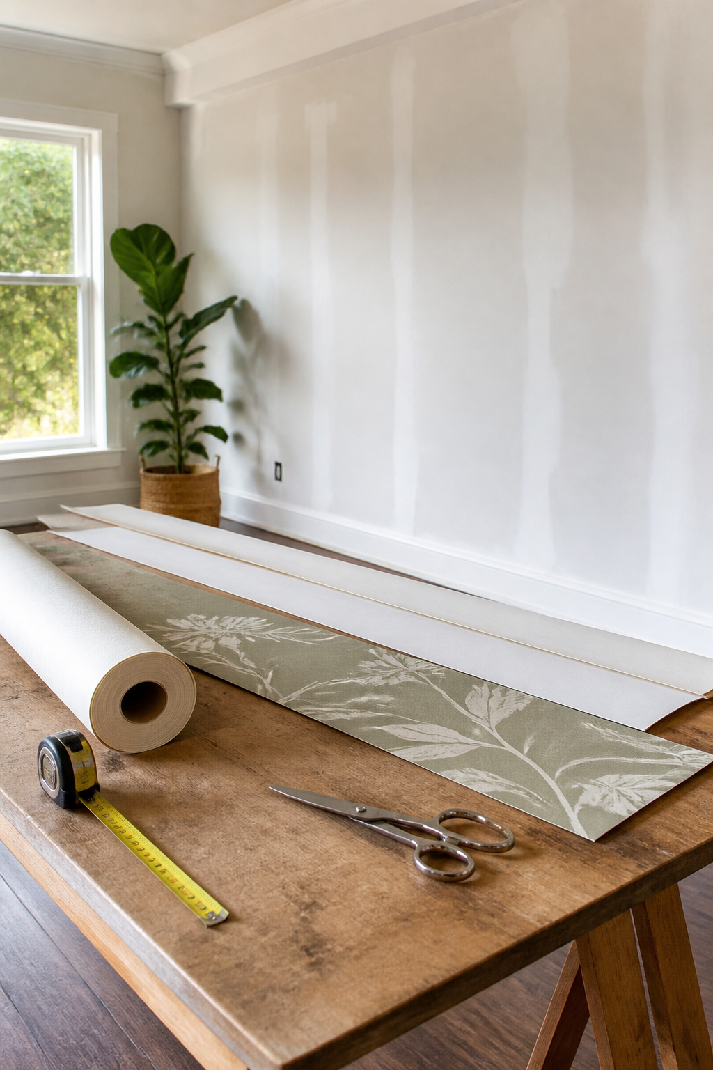 Cutting table with wallpaper strips and measuring tape.