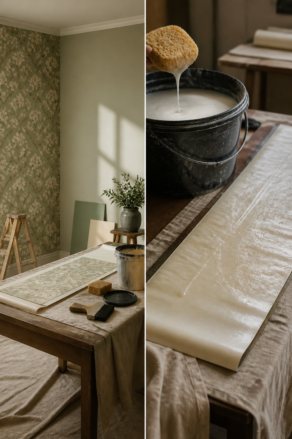 Wallpaper paste being applied to a strip of wallpaper.