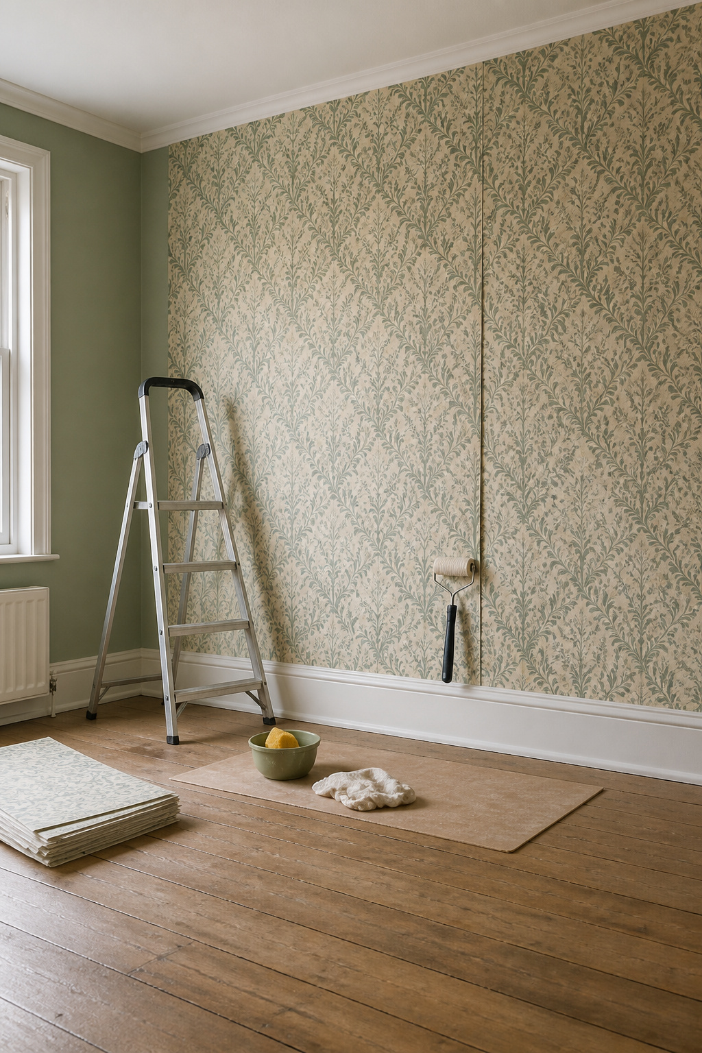 Aligning the next strip of wallpaper for pattern matching.