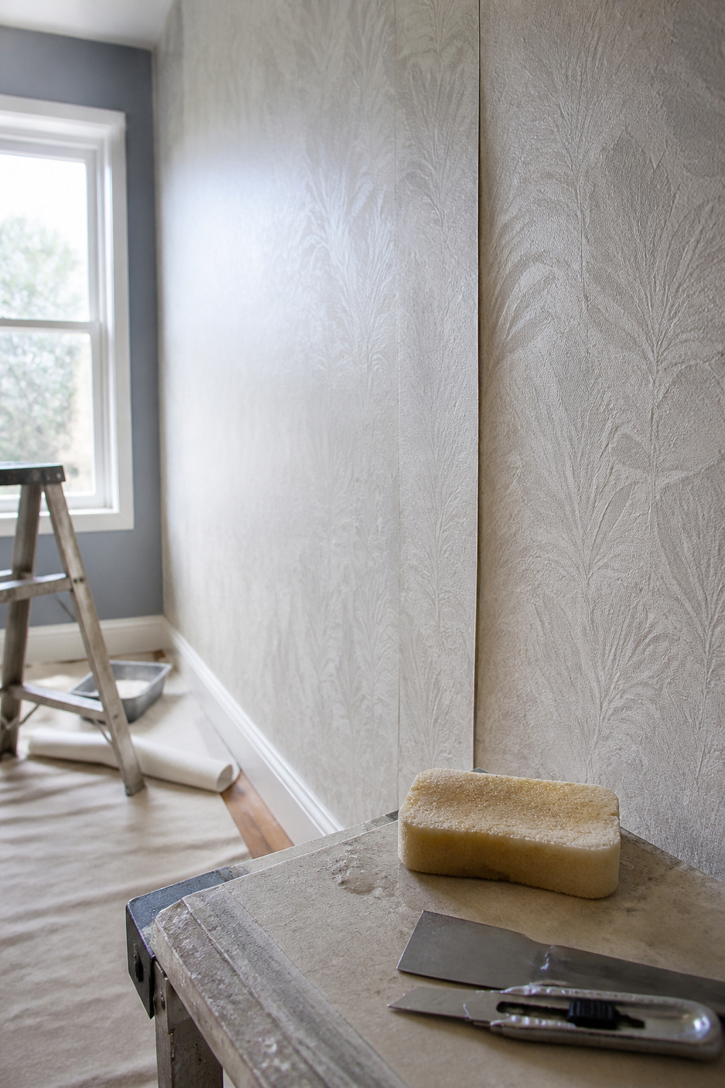 Sponge and tools for finishing wallpaper edges.