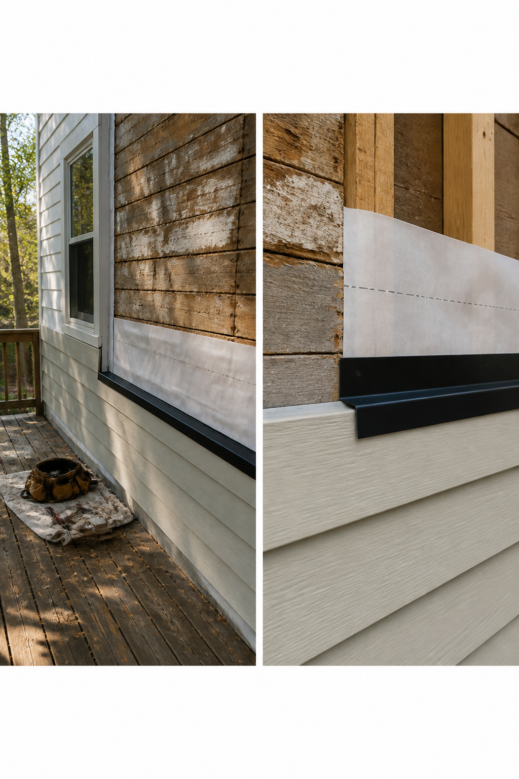 Flashing installed at the joint of old and new siding.