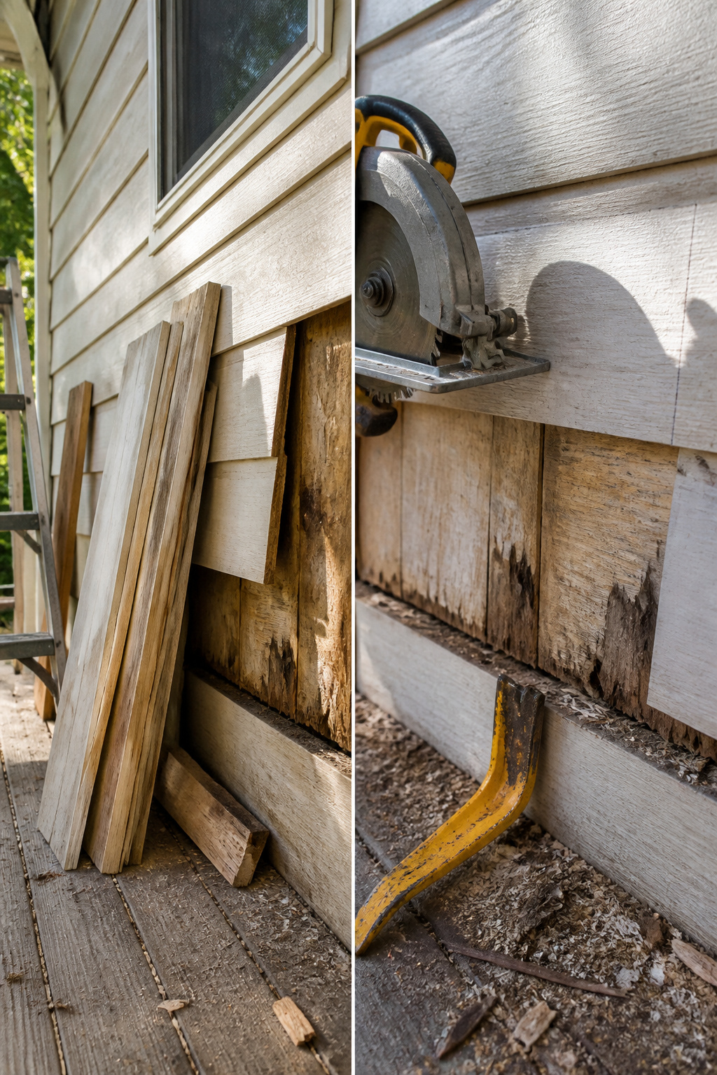 A circular saw cutting through a damaged siding board.