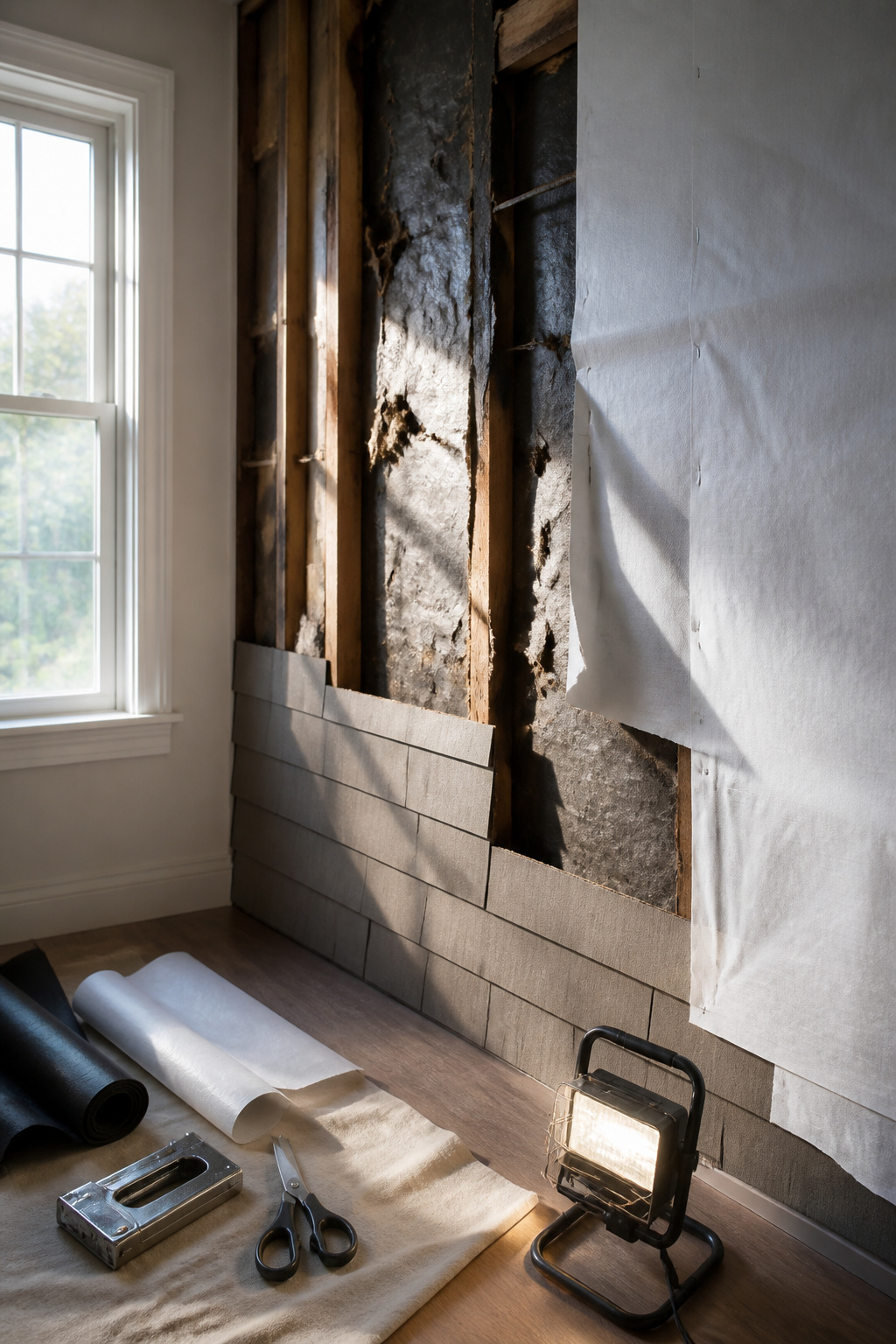 Exposed wall showing torn vapor barrier and house wrap.