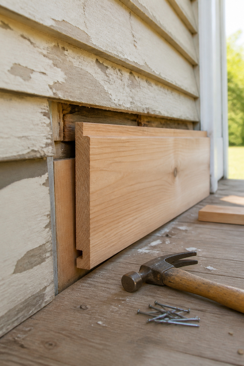 A circular saw cutting the groove of a cedar board.