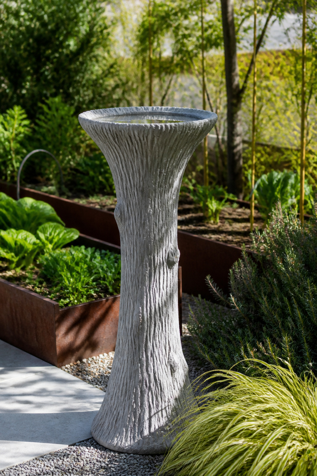A tall concrete birdbath shaped like a tree trunk in a modern garden.