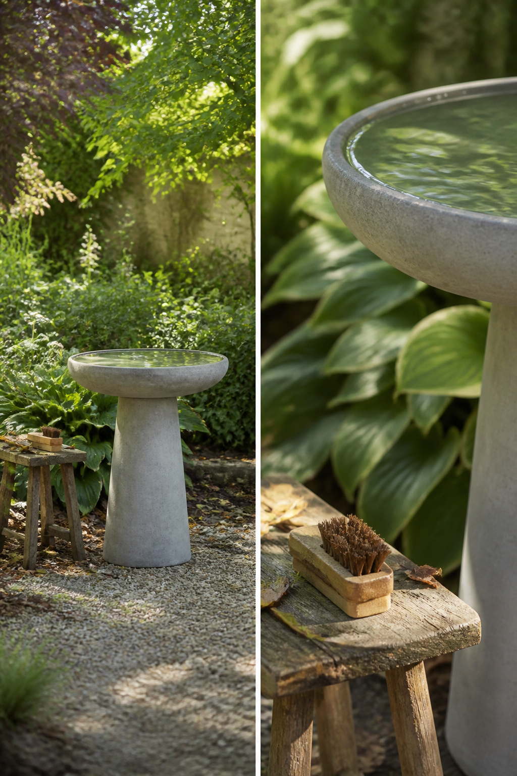 A birdbath being cleaned to maintain water quality.