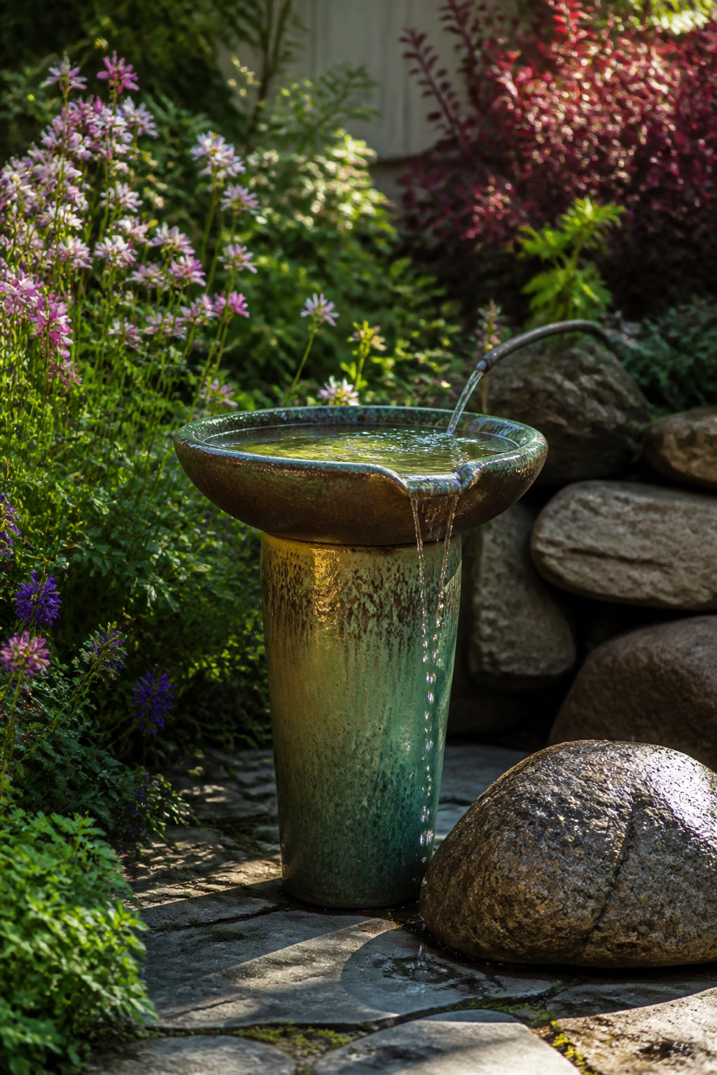 A birdbath equipped with a dripper tube in a vibrant garden.
