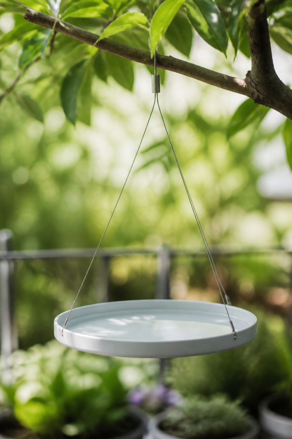 A hanging metal birdbath suspended from a branch with a shallow white disc.