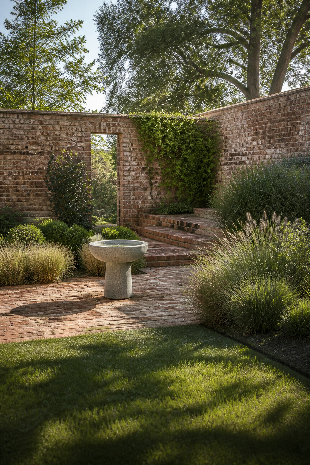 A granite birdbath on a plain pedestal set against a brick patio.
