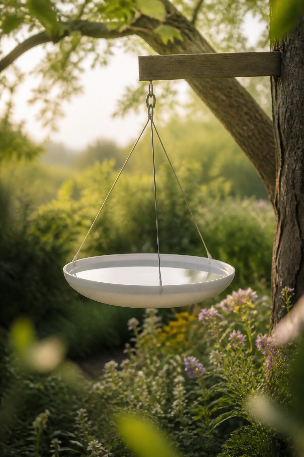 A hanging birdbath in motion, suspended from a branch.