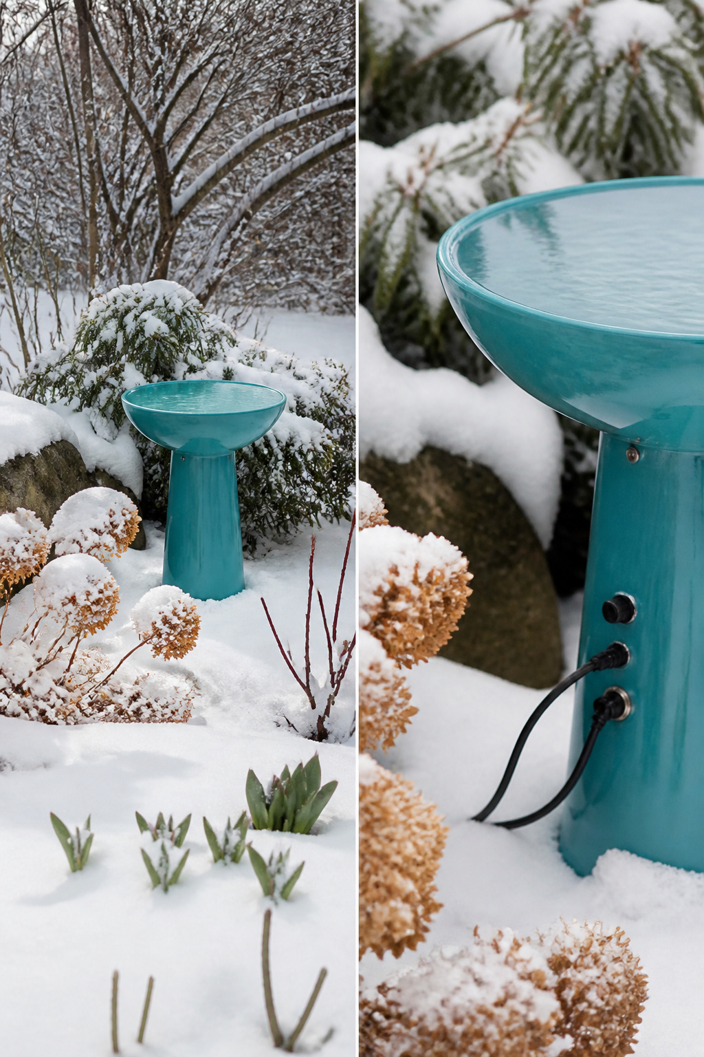 A turquoise heated birdbath designed to prevent ice during winter.