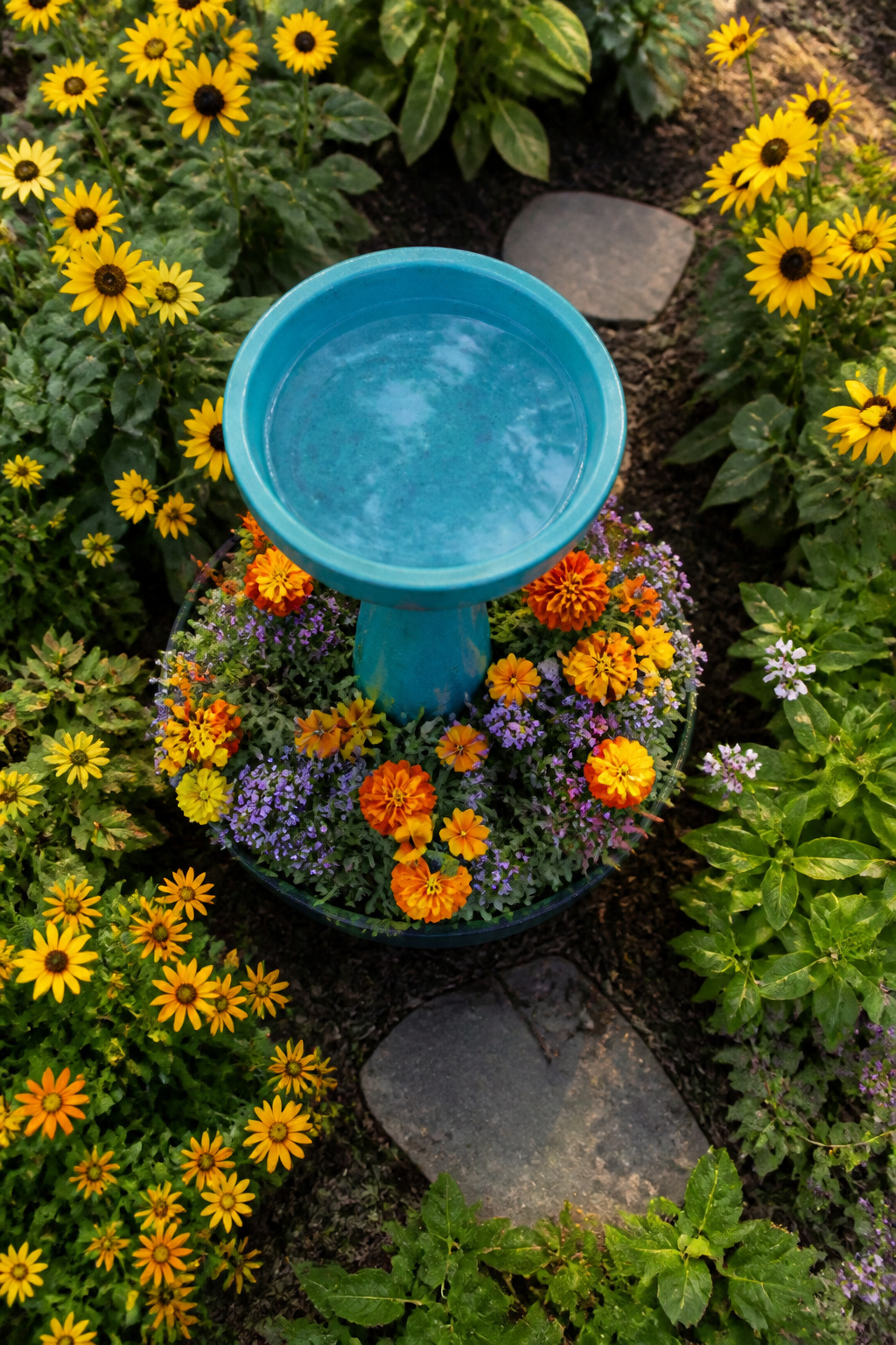A birdbath that also serves as a planter, surrounded by blooming flowers.