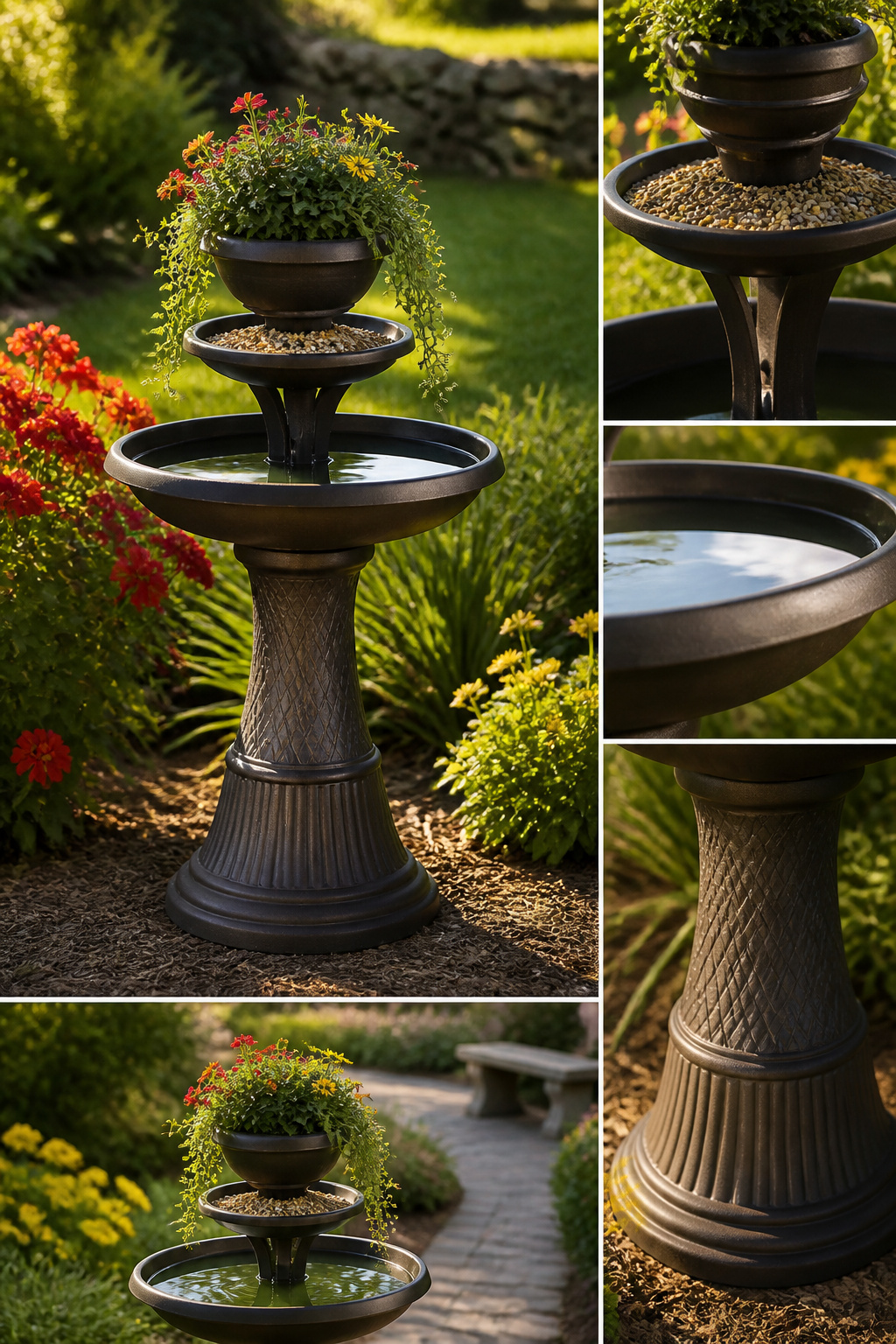 A birdbath with an integrated feeder and planter for attracting birds.