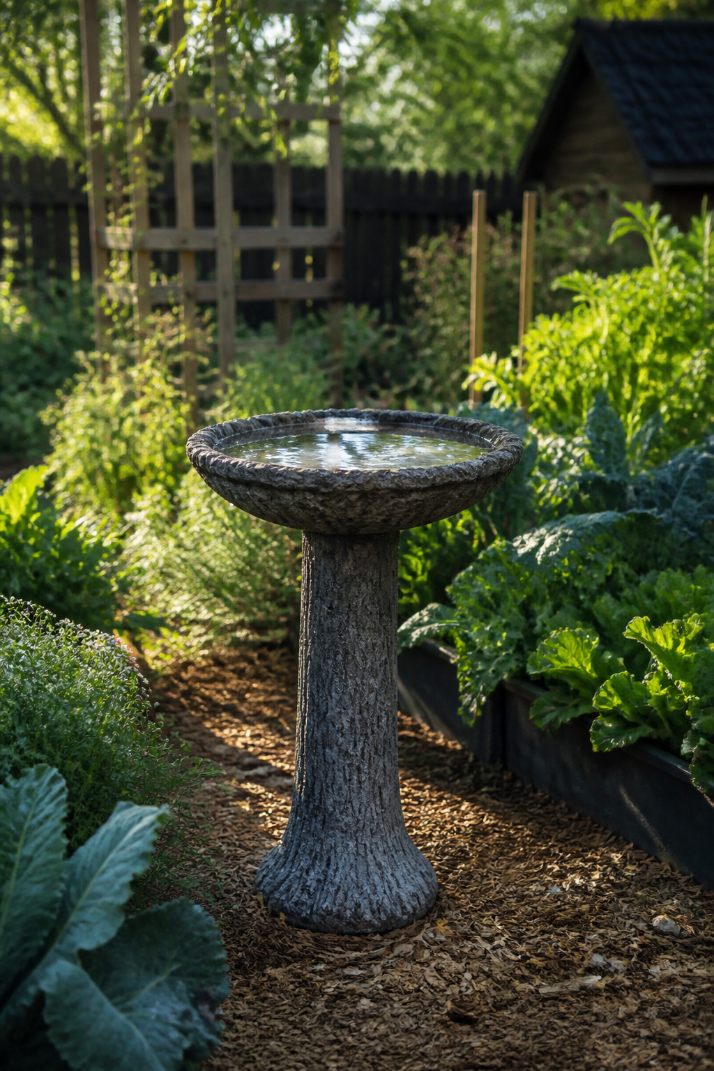 A concrete birdbath with a textured surface in a lush vegetable garden.