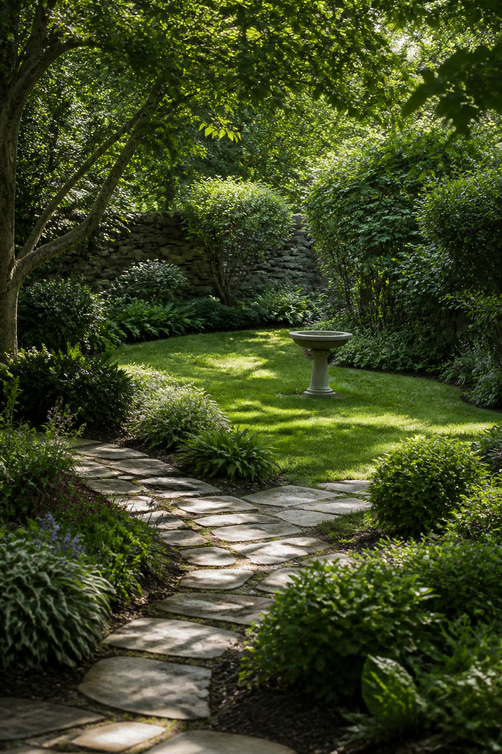 A birdbath positioned in a shaded area of a garden.